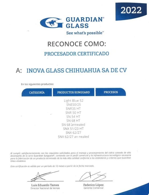 Certificados SunGuard®️: Avant Glass
